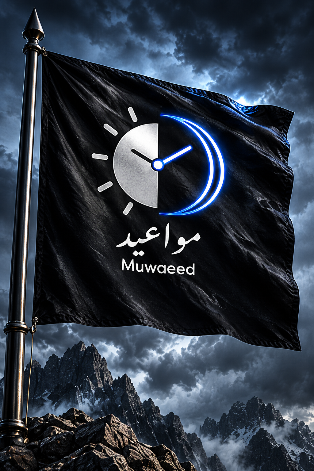 Muwaeed banner 4: black flag with the silver and electric blue clock above a mountain landscape.